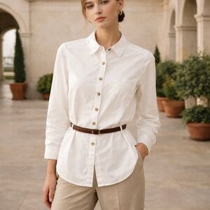 White Cotton Button Up Shirt with Tortoiseshell Buttons & Belt Loops Size Small